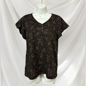 NEW, Bleu Gray, Black Floral Short Sleeve Button Top, Medium
